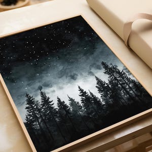 Schlafzimmer Wanddeko | Nordic Forest Poster | Dunkle Nacht Bäume Sterne | Skandinavische Kunst Natur Deko Flur Wohnbereich Büro