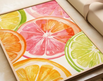 Modern watercolor kitchen wall decor | Fruity, colorful citrus prints | Lime, orange, grapefruit | Stylish summer decor for living and dining room
