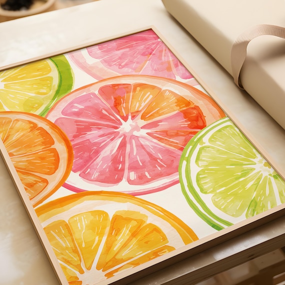 Küche Wanddeko modern | Frucht Aquarell Poster | Buntes Zitrus-Design Limette Orange | Sommerliche Kunst Küche Esszimmer Büro