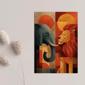 May include: Geometric art print featuring an elephant and a lion in a colorful, abstract design. The artwork uses a palette of orange, brown, and teal, with a retro, mid-century modern style. The print is displayed on a neutral background.