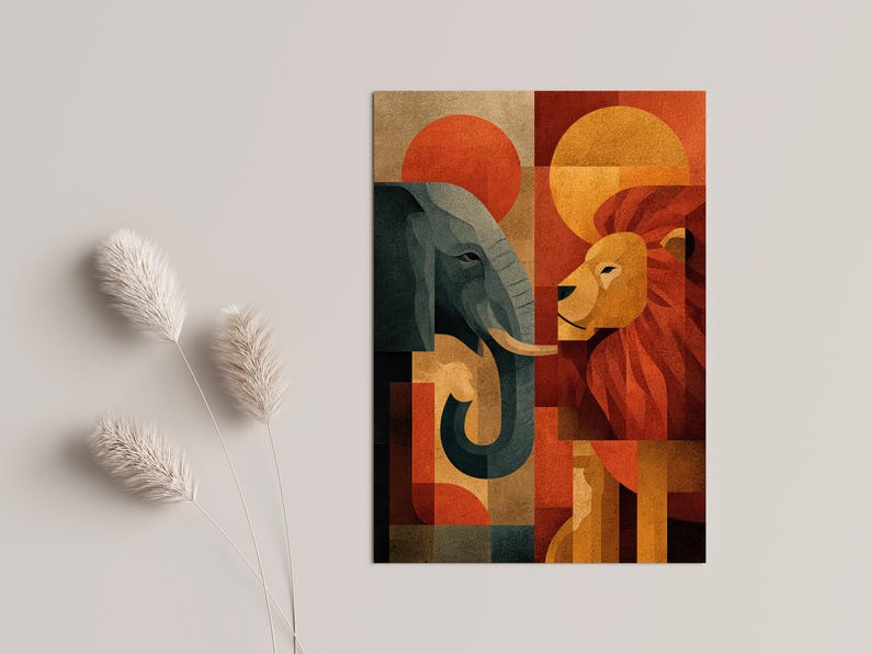 May include: Geometric art print featuring an elephant and a lion in a colorful, abstract design. The artwork uses a palette of orange, brown, and teal, with a retro, mid-century modern style. The print is displayed on a neutral background.