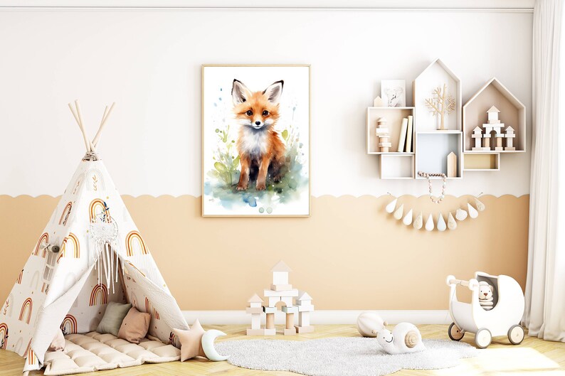 Decorazione per soggiorno | Illustrazione di volpe ad acquerello | Simpatica stampa di animali | Stampa artistica scandinava per cameretta, ufficio, regalo immagine 4