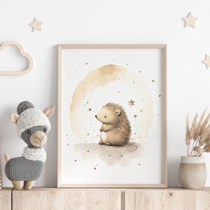 Cute nursery poster: Hedgehog on a cloud | Baby room decoration | Child-friendly wall picture | Children's decoration in soft colors | Children's poster