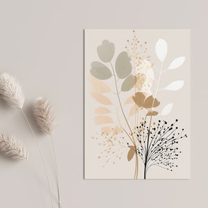 May include: A digital art print featuring a bouquet of stylized flowers and leaves in shades of beige, brown, and green on a cream background.