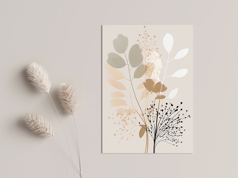 May include: A digital art print featuring a bouquet of stylized flowers and leaves in shades of beige, brown, and green on a cream background.