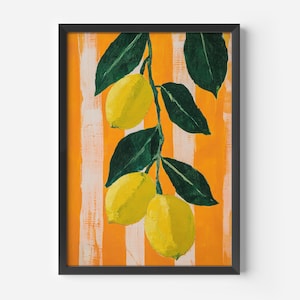 Quadro da cucina retrò chic | Illustrazione di limone fresco | Opera d'arte di frutta arancione e gialla | Decorazione mediterranea per cucina, sala da pranzo, soggiorno, corridoio