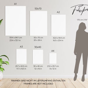 May include: A white wall with a silhouette of a person standing next to a chart showing different paper sizes in inches and centimeters. The chart includes the following sizes: A1, A2, A3, A4, 50x70, and 30x40. The text "Frames are not included" is at the bottom of the chart.