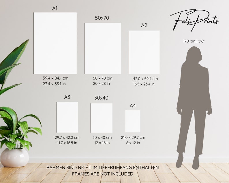 May include: A white wall with a silhouette of a person standing next to a chart showing different paper sizes in inches and centimeters. The chart includes the following sizes: A1, A2, A3, A4, 50x70, and 30x40. The text "Frames are not included" is at the bottom of the chart.