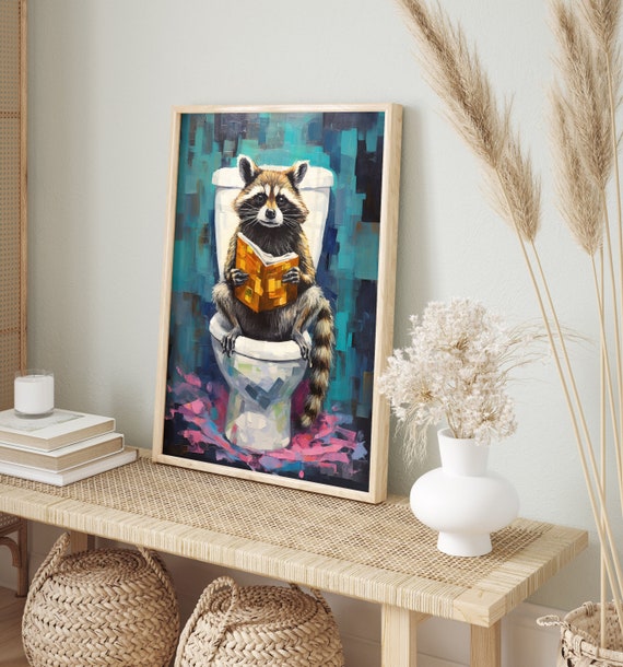 Humorvolle Toilette Deko | Lustiges Waschbär Bild Kunstdruck | Buntes Badezimmer Tier Poster | Niedliche Wandkunst Gäste-WC Geschenkidee