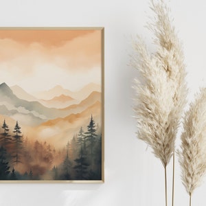 Natur Wandkunst Wohnzimmer | Waldlandschaft Poster Abstrakt | Beige Orange Kunstdruck Mountains | Skandinavische Deko Entspannung Büro