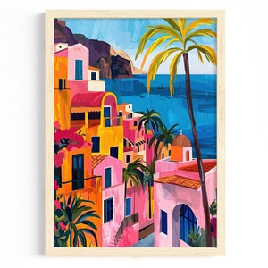 May include: A colourful painting of a seaside town with pink, yellow and orange buildings. Palm trees and a blue ocean are in the background.