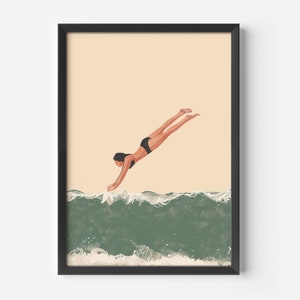 May include: A woman in a black swimsuit dives into a green wave. The wave has white foam at the top and bottom. The background is a light peach color.