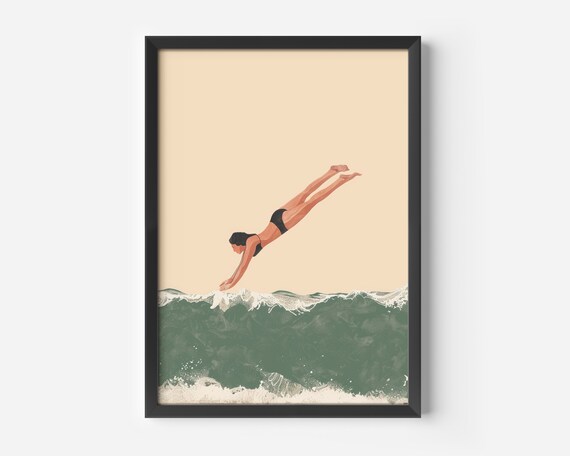 Vintage Taucher Druck | Maritimes Wandbild | Badezimmer Deko | Retro Schwimmen Wandkunst | Meer Poster | Bilder Wohnzimmer Flur Büro