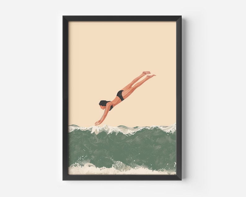 May include: A woman in a black swimsuit dives into a green wave. The wave has white foam at the top and bottom. The background is a light peach color.