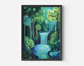 Living room wall art green | Nature-inspired poster waterfall forest | Blue green art print Scandinavian decor | Modern art living room office