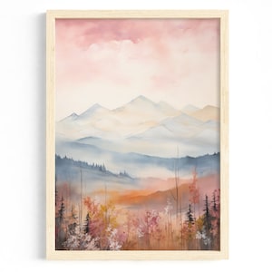 Póster abstracto en rosa: paisaje de montaña y flores | Arte de pared moderno | Afiche de la naturaleza | Imágenes Decoración Sala Oficina | Decoración de pared suave para pasillo