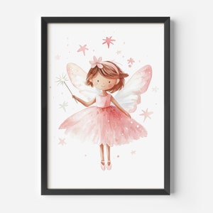 Póster infantil de cuento de hadas | Decoración de pared de hadas para habitaciones de niñas | Lámina artística de hadas rosas | Ilustración para habitaciones de bebé | Cuadro decorativo infantil
