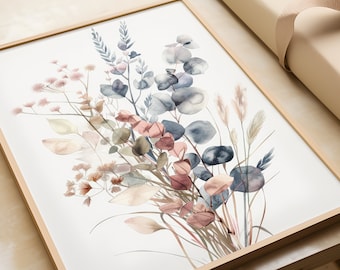 May include: A framed watercolor painting of a bouquet of dried flowers in shades of blue, pink, and beige. The flowers are arranged in a loose, natural style, and the background is a soft white.