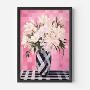 Pink flower poster with vintage charm | Floral wall decoration for the living room, bedroom, and hallway | Elegant retro-style picture