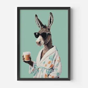 Divertente decorazione da parete con asino e tazza da caffè | Poster di animali per cucina, bagno o ufficio | Arte murale umoristica | Decorazioni per il soggiorno | Poster di animali divertenti
