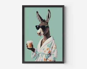 Funny donkey with coffee cup wall decor | Animal poster for kitchen, bathroom, or office | Humorous wall art | Living room decor | Funny animal posters