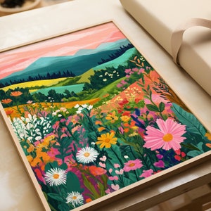 Paisaje colorido con flores y montañas | Arte natural colorido | Decoración de pared vibrante | Póster detallado