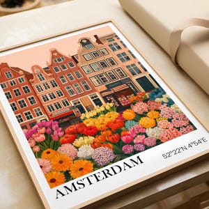 Städteposter Amsterdam Deko | Tulpen Markt Illustration | Holland Reise Poster | Vintage Wanddeko | Flower Market | Koordinaten Wandbild