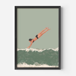 May include: A woman in a black swimsuit dives into a green wave. The wave has white foam at the top.