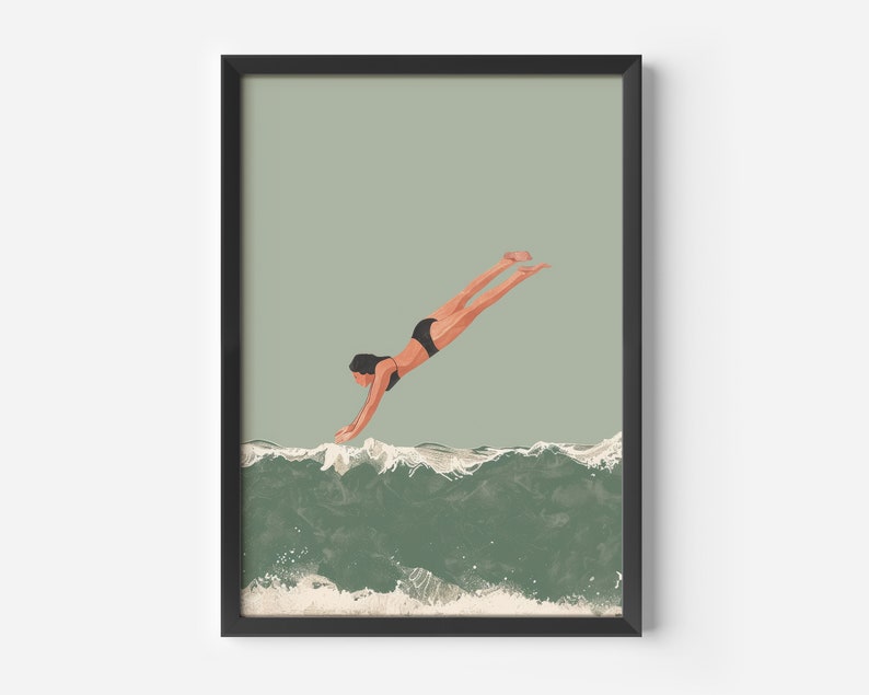 May include: A woman in a black swimsuit dives into a green wave. The wave has white foam at the top.