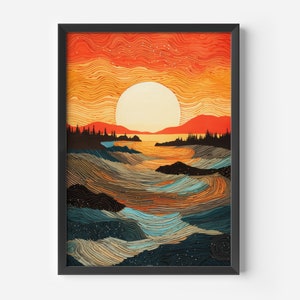 Decorazione da parete moderna per soggiorno | Paesaggio al tramonto | Illustrazione astratta di onde marine | Decorazione arancione e blu per il corridoio scandinavo