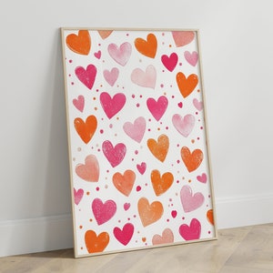 Preppy Hearts Stampa digitale Rosa Arancione | Decorazioni murali stampabili alla moda per la stanza degli adolescenti | Elegante decorazione per poster a forma di cuore | File di stampa d'arte moderna
