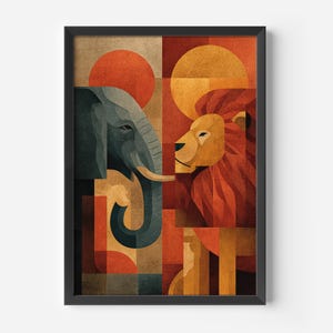 May include: Geometric art print featuring an elephant and a lion in a symmetrical design. The artwork uses a palette of warm colors, including orange, red, and brown, with a black frame. The animals are depicted in a stylized, blocky manner.