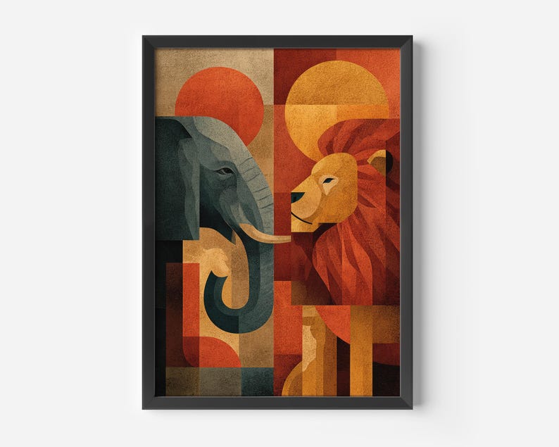 May include: Geometric art print featuring an elephant and a lion in a symmetrical design. The artwork uses a palette of warm colors, including orange, red, and brown, with a black frame. The animals are depicted in a stylized, blocky manner.
