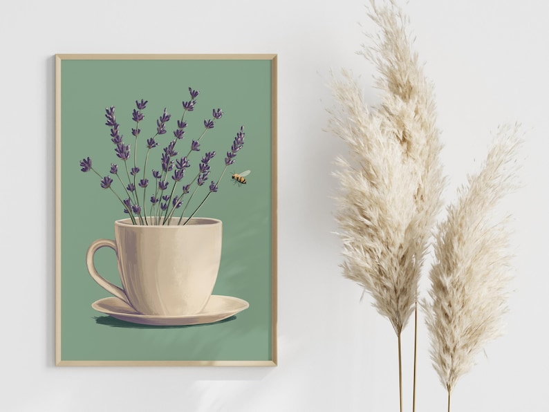 May include: A framed illustration of a white teacup with a saucer, filled with purple lavender flowers and a small bee flying above. The background is a muted green color.