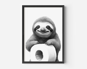 May include: A black and white illustration of a sloth holding a roll of toilet paper. The sloth is smiling and has a friendly expression.