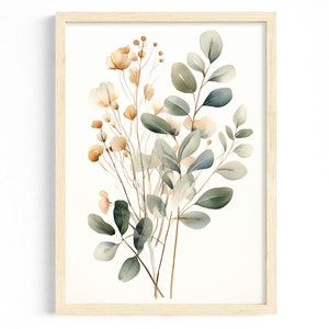 Bohemisk väggkonst: Eukalyptusgrenar och blommor | Akvarell växtposter | Bohemisk växtposter Holzrahmen Holz