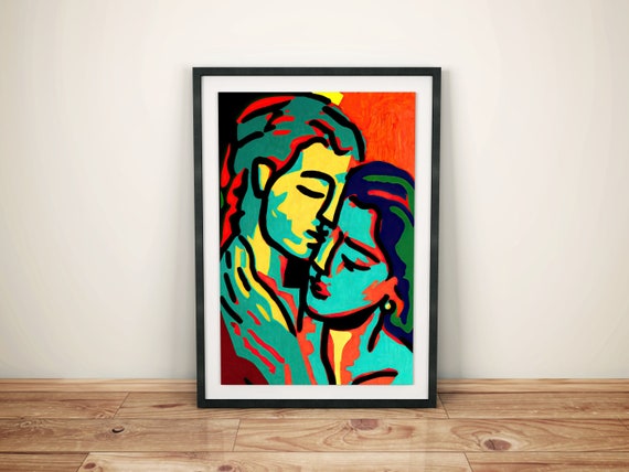 Wohnzimmer Kunstwerk modern | Pop Art Poster | Bunte Liebespaar Illustration | Emotionale Kunstdrucke Deko Schlafzimmer Flur Eingang Farbe