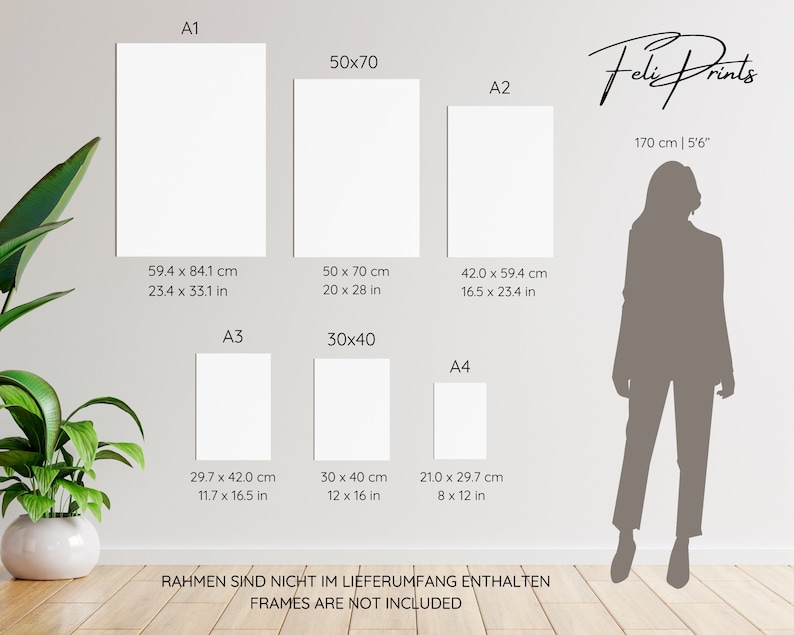 May include: A white wall with a silhouette of a person standing next to a chart showing different paper sizes in inches and centimeters. The chart includes the following sizes: A1, A2, A3, A4, 50x70, and 30x40. The text "Frames are not included" is at the bottom of the chart.