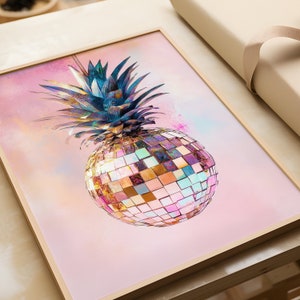 Poster glamour di ananas | Decorazione murale in stile discoteca | Manifesto Pop Art colorato | Arte murale moderna rosa | Poster Frutta | Decorazione da parete rosa alla moda