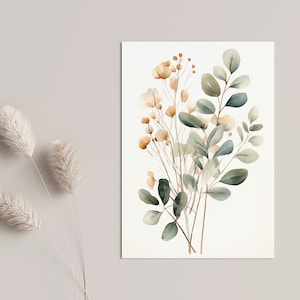 Bohemisk väggkonst: Eukalyptusgrenar och blommor | Akvarell växtposter | Bohemisk växtposter Ohne Bilderrahmen