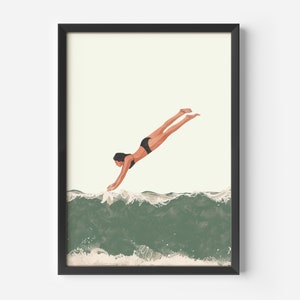 May include: A woman in a black swimsuit dives into a green wave. The wave is foamy and the water is a deep green color.