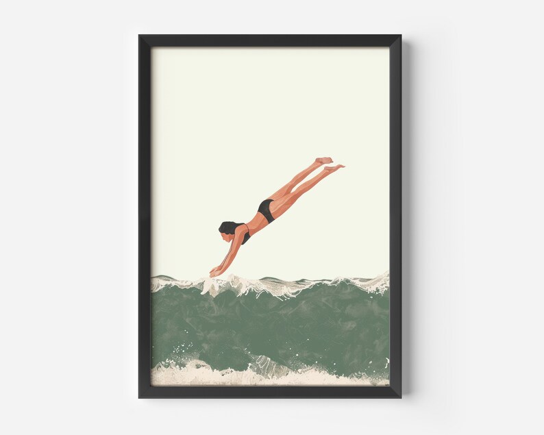 May include: A woman in a black swimsuit dives into a green wave. The wave is foamy and the water is a deep green color.