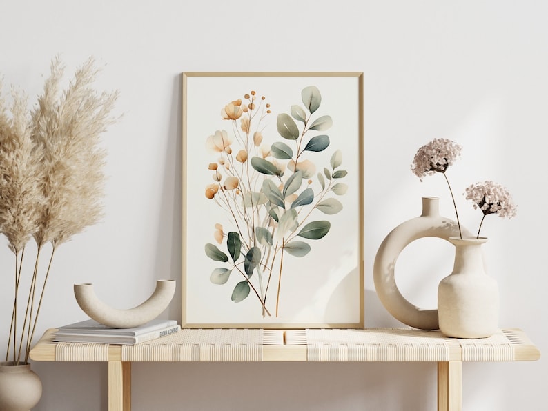 Bohemisk väggkonst: Eukalyptusgrenar och blommor | Akvarell växtposter | Bohemisk växtposter bild 1