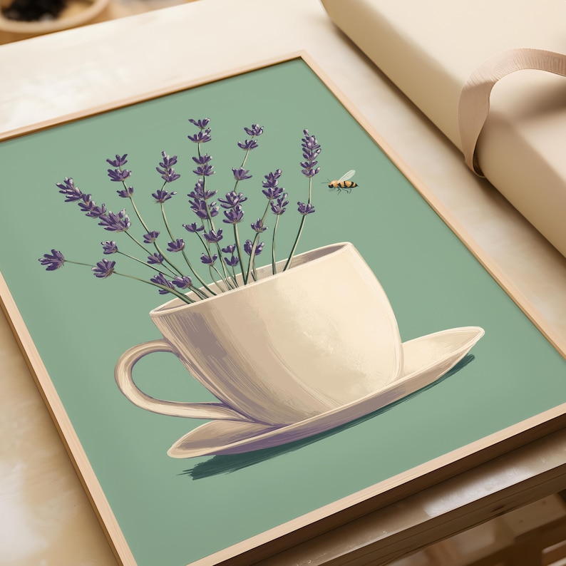 May include: A white teacup and saucer with a bouquet of purple lavender flowers inside. A small bee is flying near the flowers.