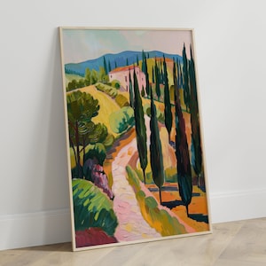 Puede incluir: Una pintura de un camino sinuoso que lleva a la cima de una colina con una casa en la cima. El camino est&aacute; bordeado de altos cipreses esbeltos. La pintura est&aacute; realizada en un estilo colorido e impresionista.