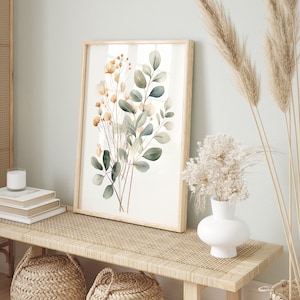 Bohemisk väggkonst: Eukalyptusgrenar och blommor | Akvarell växtposter | Bohemisk växtposter bild 2