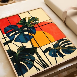 Decorazione murale astratta Monstera | Poster di botanica moderna | Illustrazione di piante | Immagine di decorazione colorata per soggiorno, ufficio, corridoio | Murale colorato
