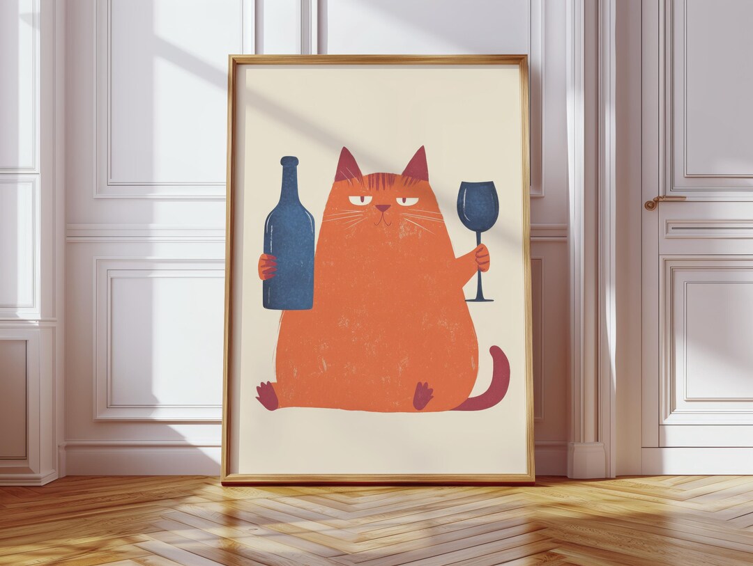 Humorous Kitchen Wall Art | Retro Cat Poster With Wine | Funny ...