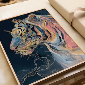 Arredamento moderno per il soggiorno | Stampa artistica astratta di una tigre | Arte con linee colorate per la camera da letto | Arte murale scandinava | Quadri astratti di animali