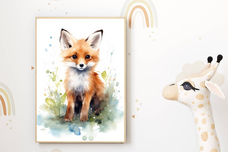 Decorazione per soggiorno | Illustrazione di volpe ad acquerello | Simpatica stampa di animali | Stampa artistica scandinava per cameretta, ufficio, regalo immagine 1